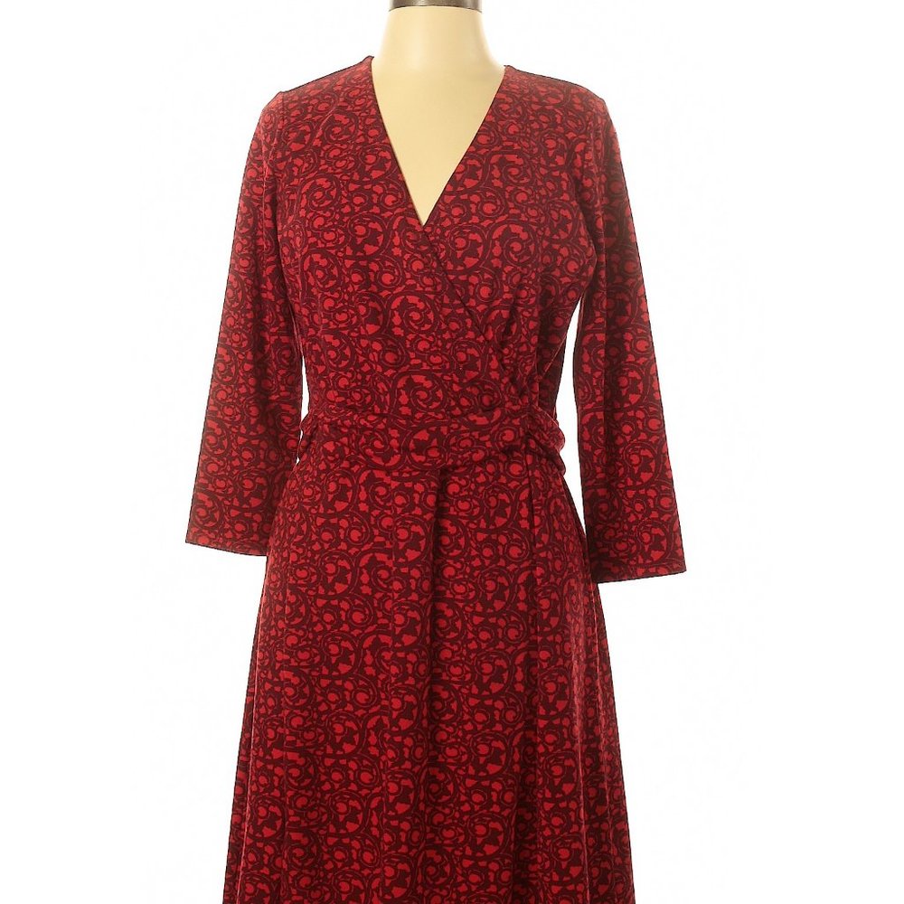 Lands' End Maroon & Red Floral Print Casual Dress, M